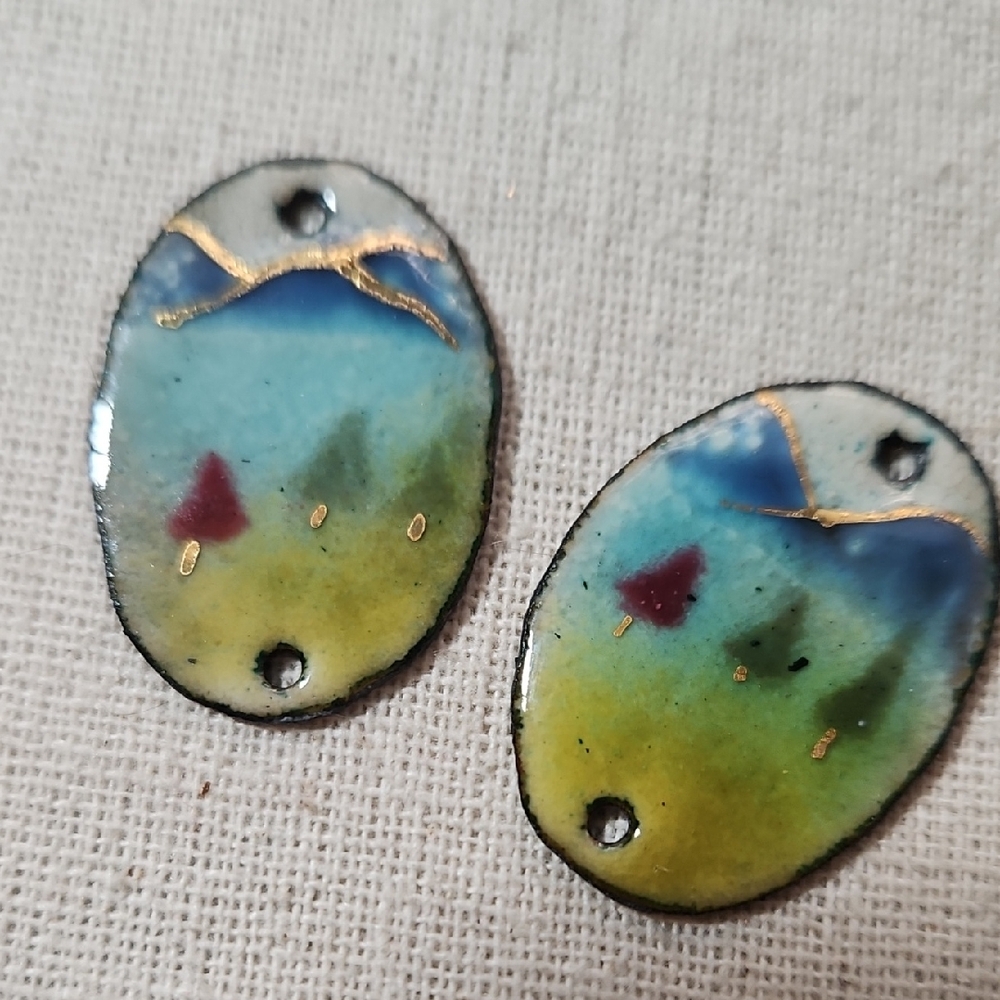 Handcrafted Enamel Copper Earring Charms Gold Accent Mountain Forest Scenes